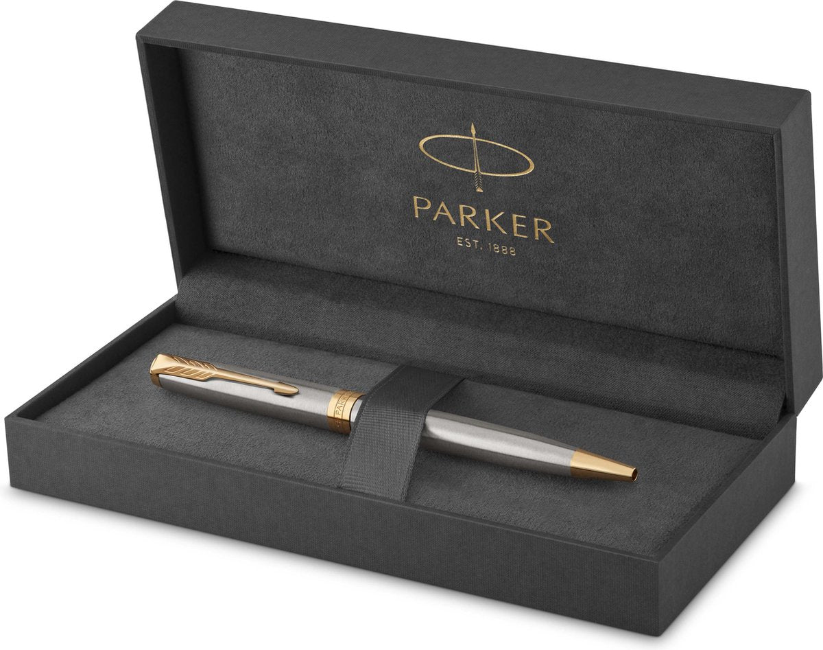 Bolígrafo Parker Sonnet - punta media - tinta negra - acero inoxidable con adornos dorados - incl. caja de regalo