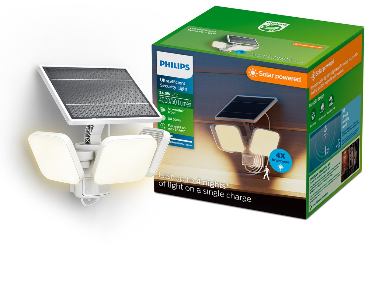 Lampada da parete Philips LED Philips Ultraefficient Zyren - lampada solare di sicurezza - proiettore - sensore di movimento - luce bianca brillante: 3000k - 24,5w - bianco - due modalità luce - sensore crepuscolare - energia solare - resistente all'acqua