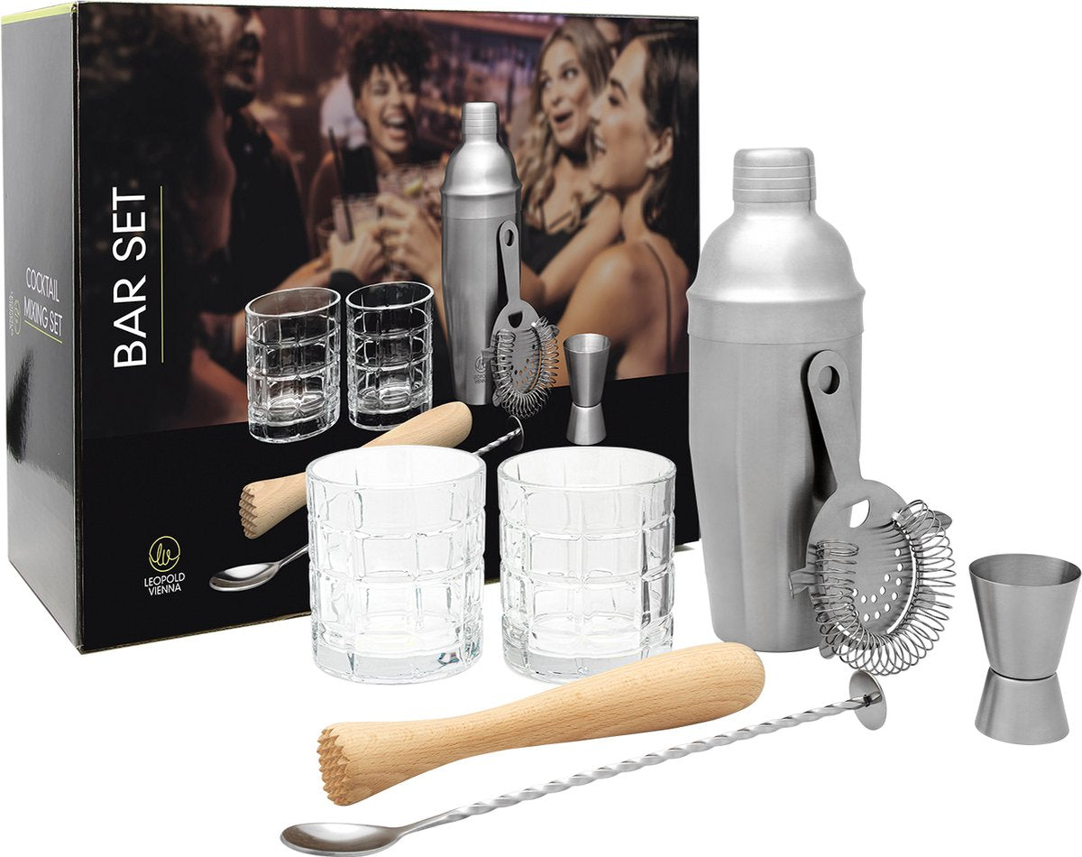Leopold Vienna - set da cocktail da 7 pezzi (shaker per cocktail, pipetta, pestello, cucchiaio da bar, bicchieri) set regalo