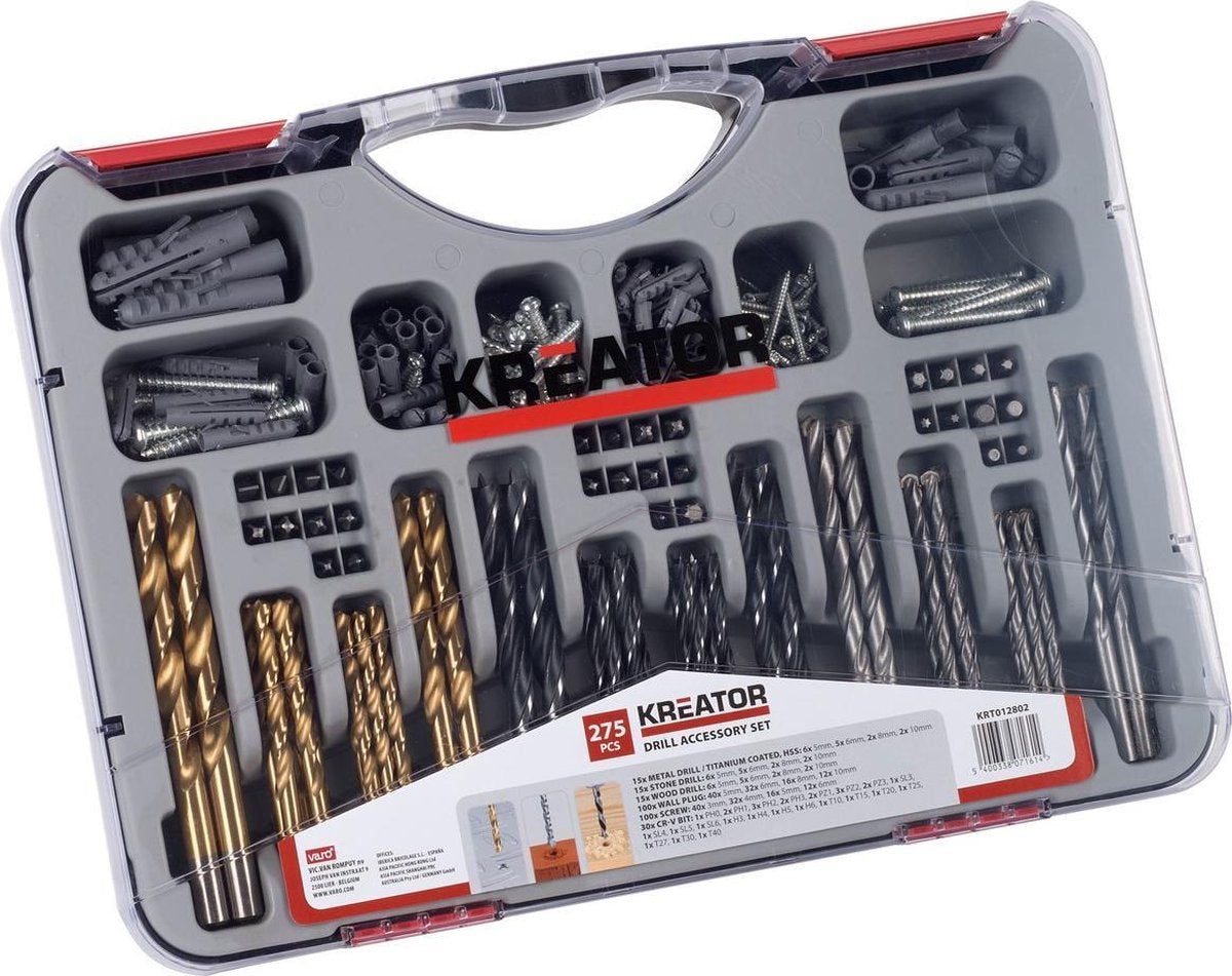 Kreator krt012802 - set punte da trapano - 275 pezzi - per legno, metallo e pietra