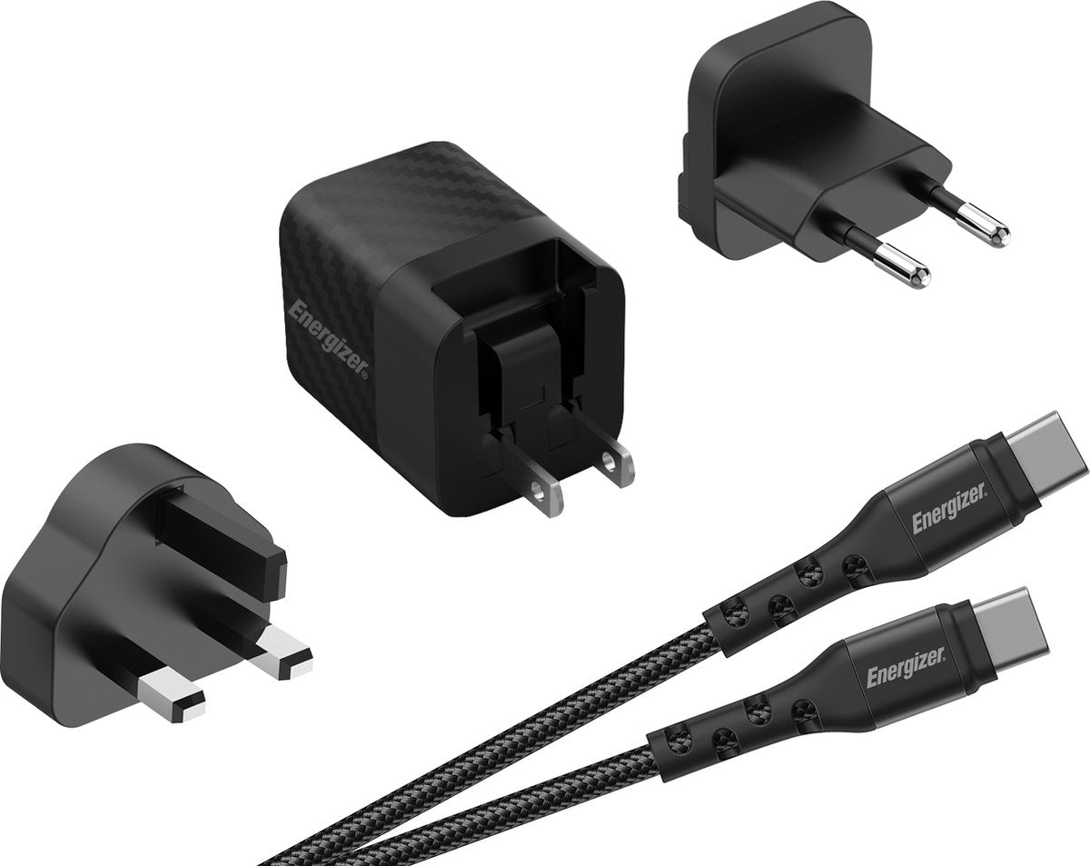 Energizer a20muc multi plug oplader (us, uk, eu) - reisstekker met usb-c kabel (zwart) | 20w - 4a