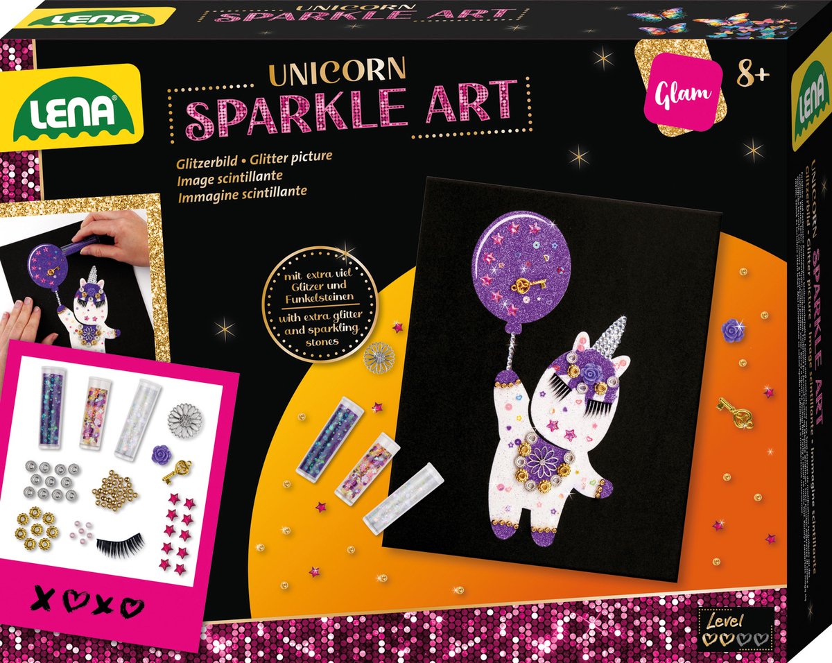 Lena knutselset unicorn sparkle art met hoes en glitters.