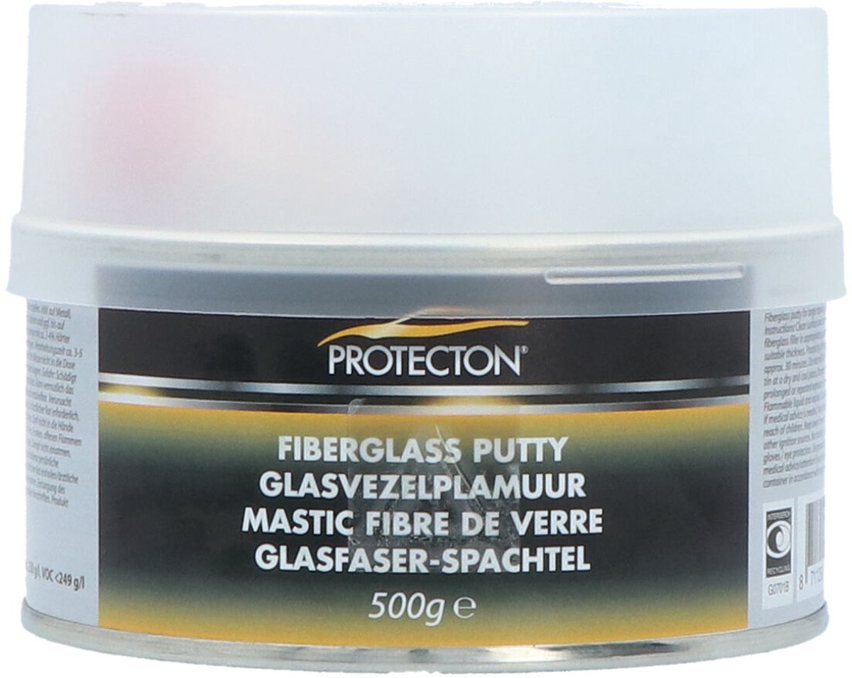 Protecton fiberglass putty - for repairing larger dents, holes and cracks - adheres to metal, wood, concrete, plastic - can be sanded and sprayed over - incl. 25 grams of hardener - 500gr