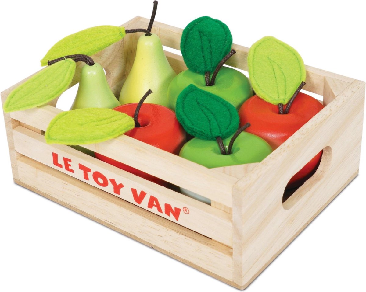 Le toy de comida de juguete - manzanas peras - en una caja