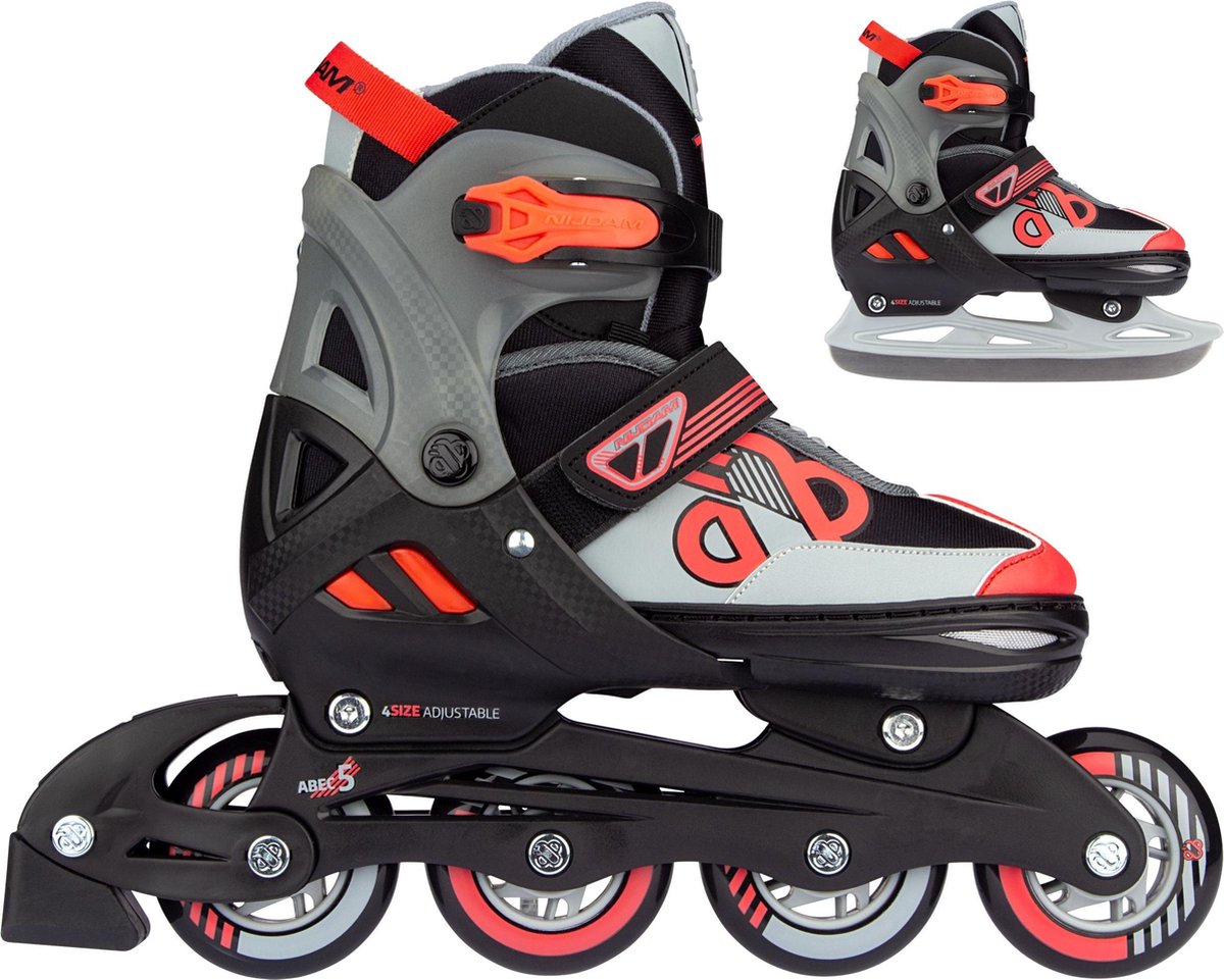 Nijdam 2 en 1 combo patines en línea niño ajustable - hockey sobre hielo - negro rojo - talla 37-40