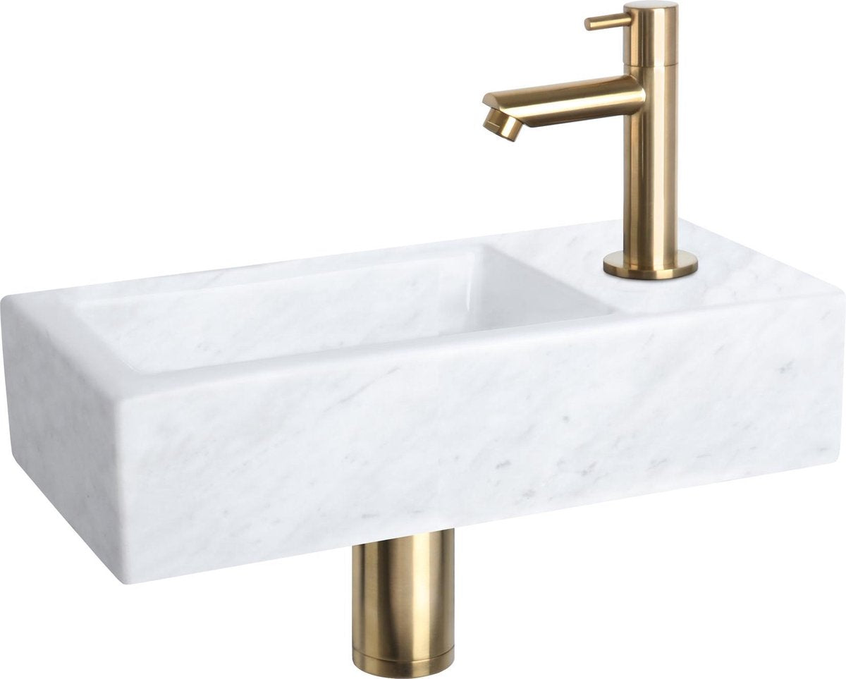 Set fontana Differnz helios - 37,5x18,5x9,5 cm - rettangolo - 1 foro per rubinetto - rubinetto dritto oro opaco - marmo pietra minerale