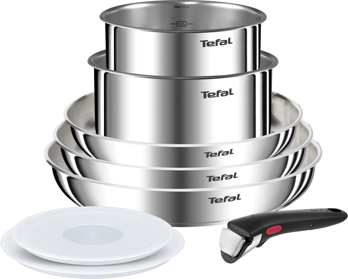 Tefal ingenio Emotion l8968s04 - Juego de sartenes de 8 piezas - Sartenes y cacerolas de acero inoxidable - Mango extraíble - Tapas herméticas - Apilables - Apto para horno de inducción