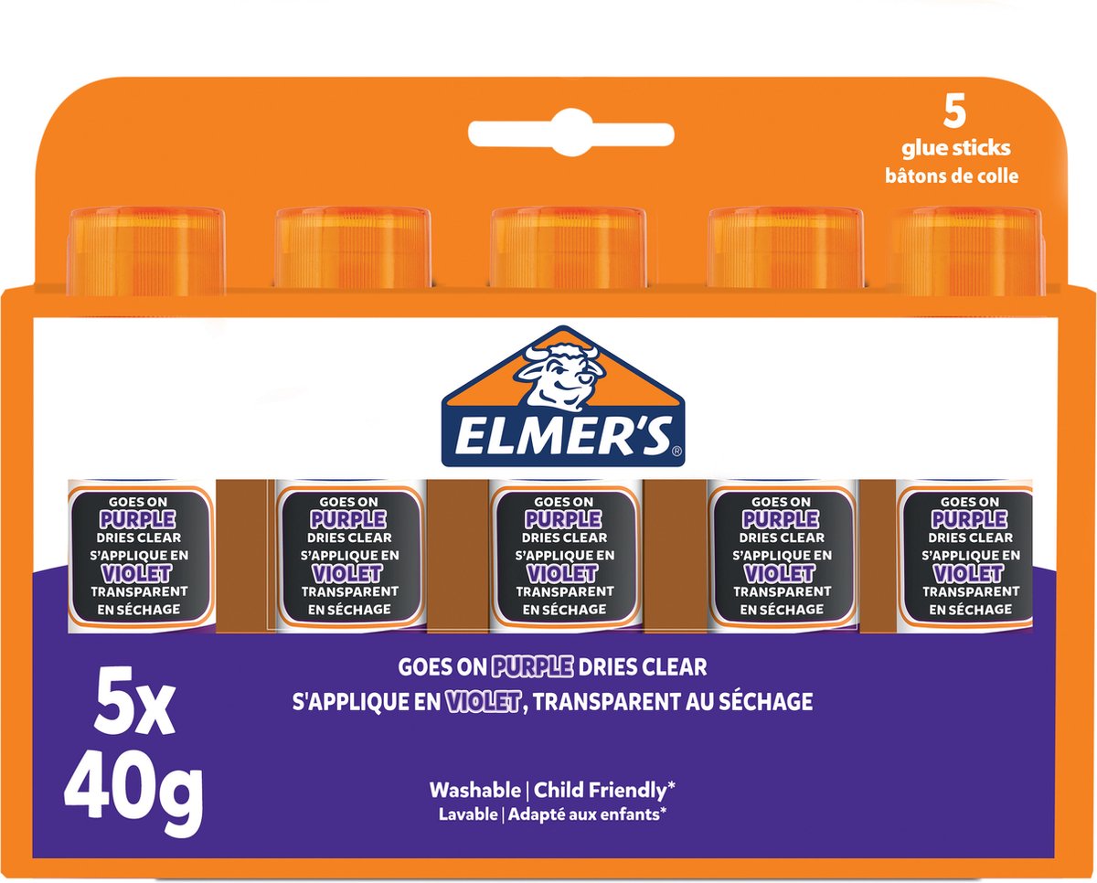 Stick di colla Elmer's con colla viola a scomparsa | asciuga incolore | ottimo per l'artigianato e la scuola | lavabile e adatto ai bambini | 40g| 5 pezzi
