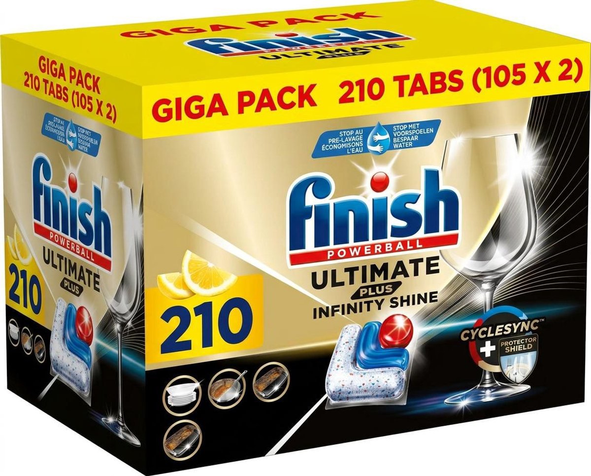Pastiglie per lavastoviglie Finish Ultimate Plus Infinity Shine Lemon - 2 x 105 = 210 capsule - Confezione risparmio