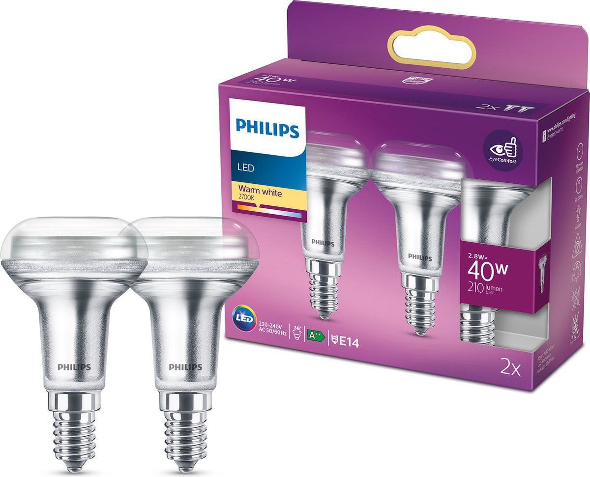 Reflector LED de bajo consumo Philips - 40 W - E14 - luz blanca cálida - 2 piezas - ahorra costes energéticos