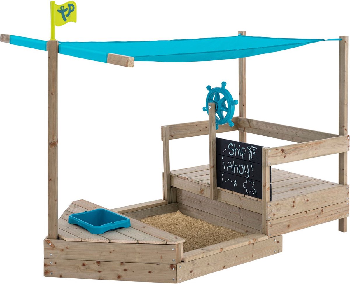 Barca da gioco Tp Toys Ahoy - barca da gioco in legno allungabile con parasole, spazio di stivaggio e lavagna - perfetta per il divertimento sulla sabbia e in acqua