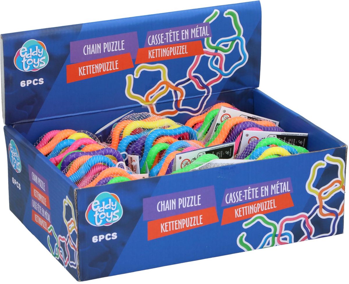 Eddy toys kettingpuzzel 6 stuks - metalen breinbreker set - set van 6 metalen puzzels - multicolor - displaydoos