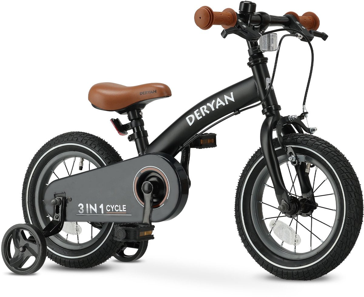 Deryan luxe kinderfiets 12 inch - 3 in 1 - loopfiets - zwart