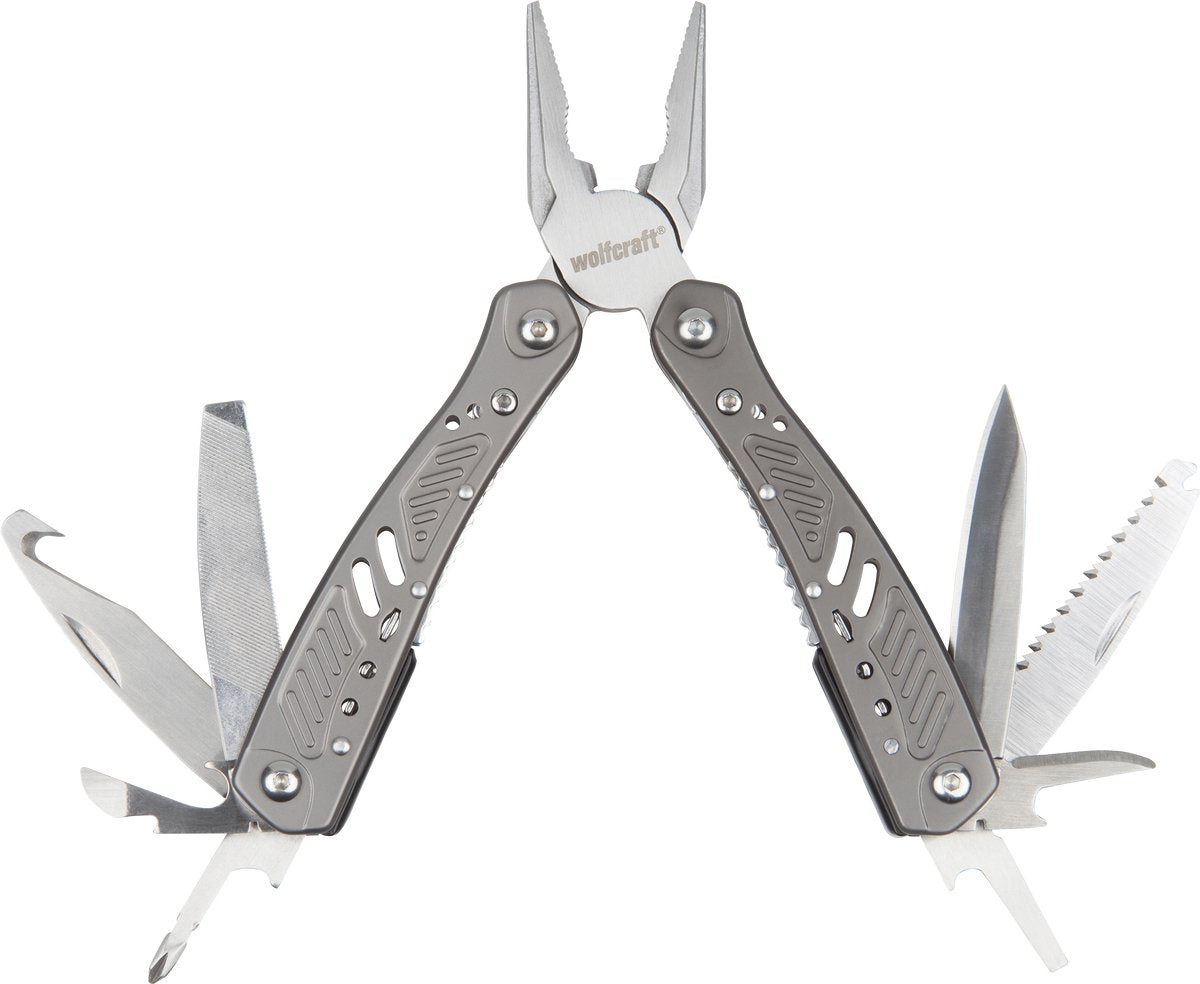 Wolfcraft - multitool zakmes met holster – 13 in 1 multifunctioneel – survival - zilver - 4080000