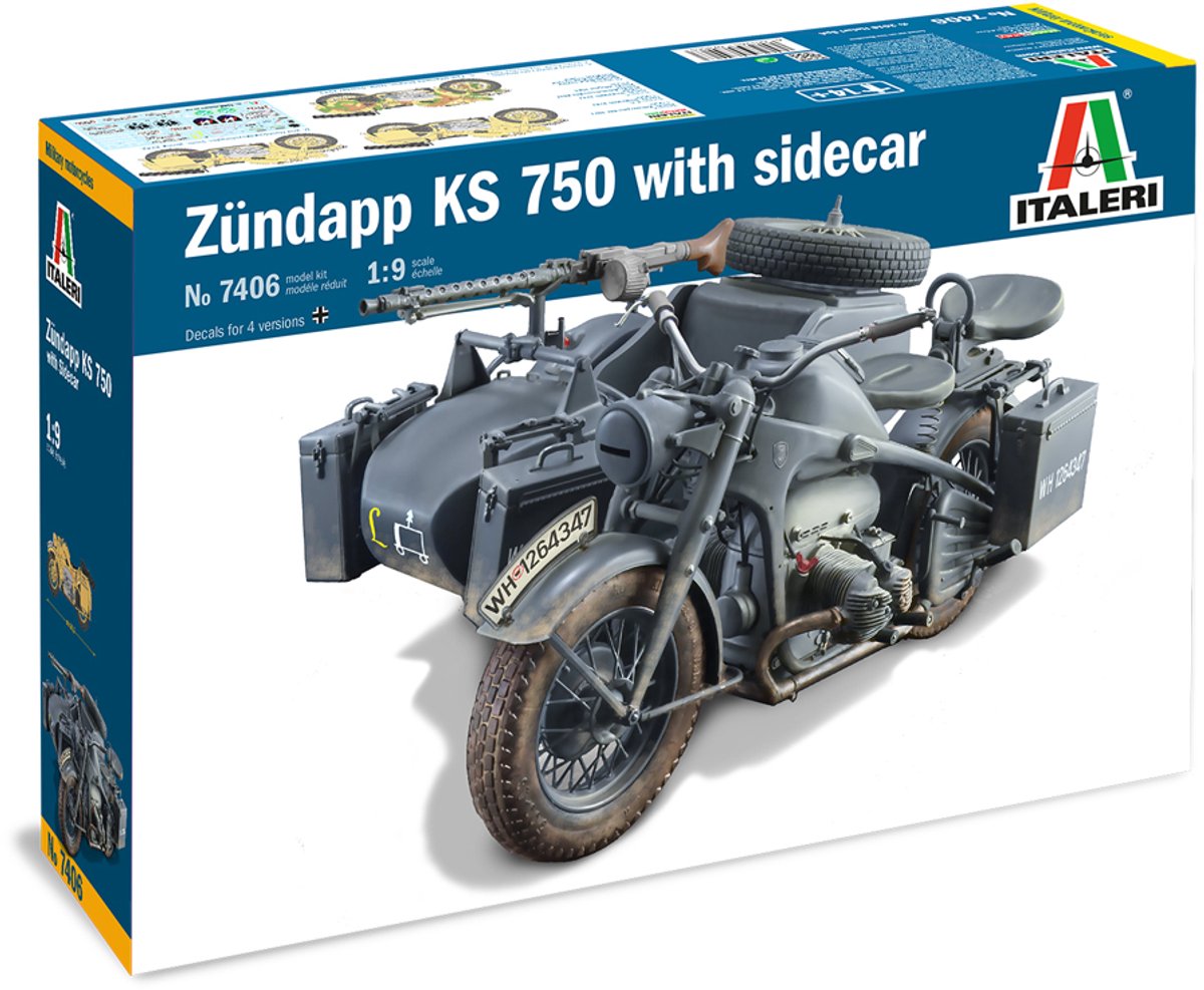 Italeri model kit car - 7406 zundapp ks 750 con sidecar in plastica - 1:9 - modellismo