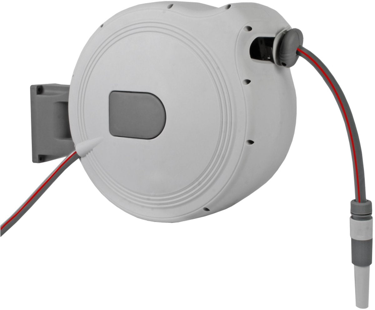 Herramientas de idiomas - caja de mangueras de pared - manguera de jardín - 30 metros - con soporte de pared - sistema de enrollado automático - accesorios incluidos