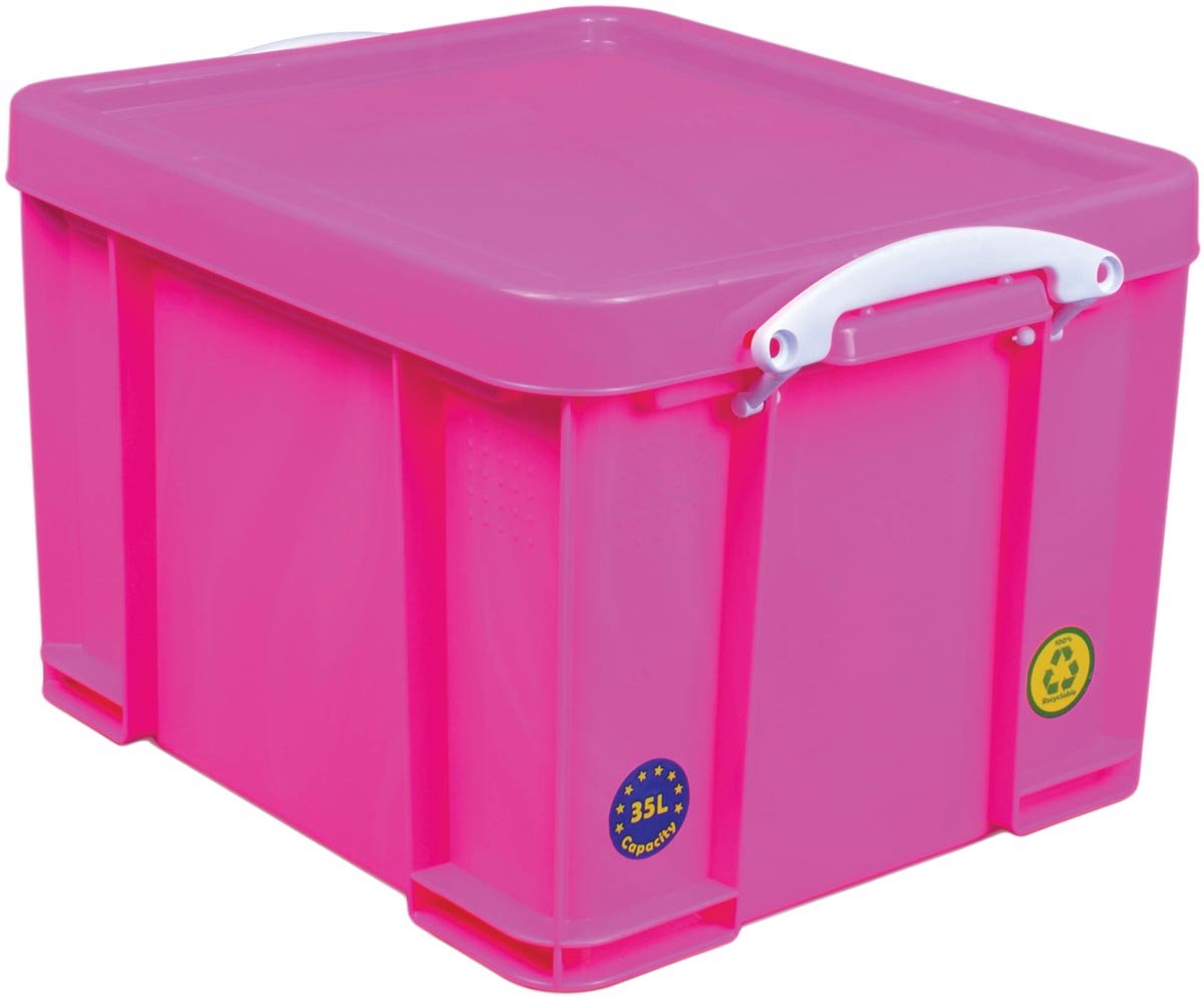 Caja de almacenamiento realmente útil de 35 litros | rosa neón con asas blancas