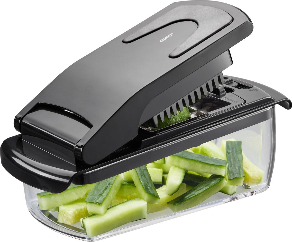 Gefu treppo vegetable cutter - cube cutter, chip cutter - 2 cutting grids - 1 liter collection container - stainless steel