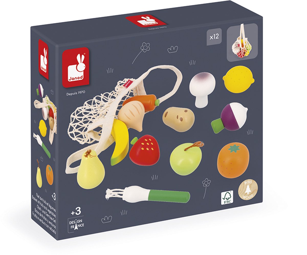 Janod | set van 12 fruit en groenten net glimmende oma