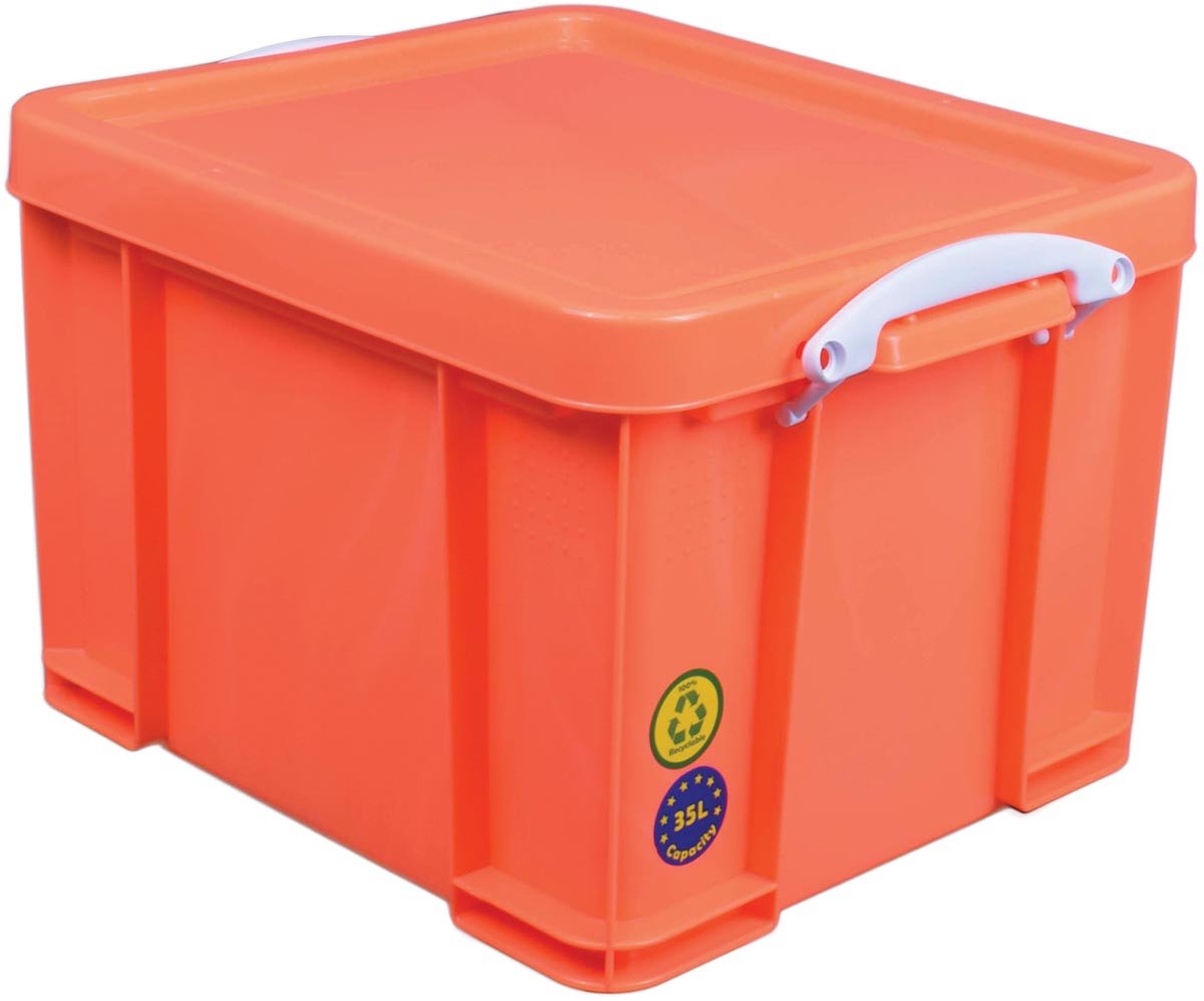 Caja de almacenamiento realmente útil de 35 litros | naranja neón con asas blancas