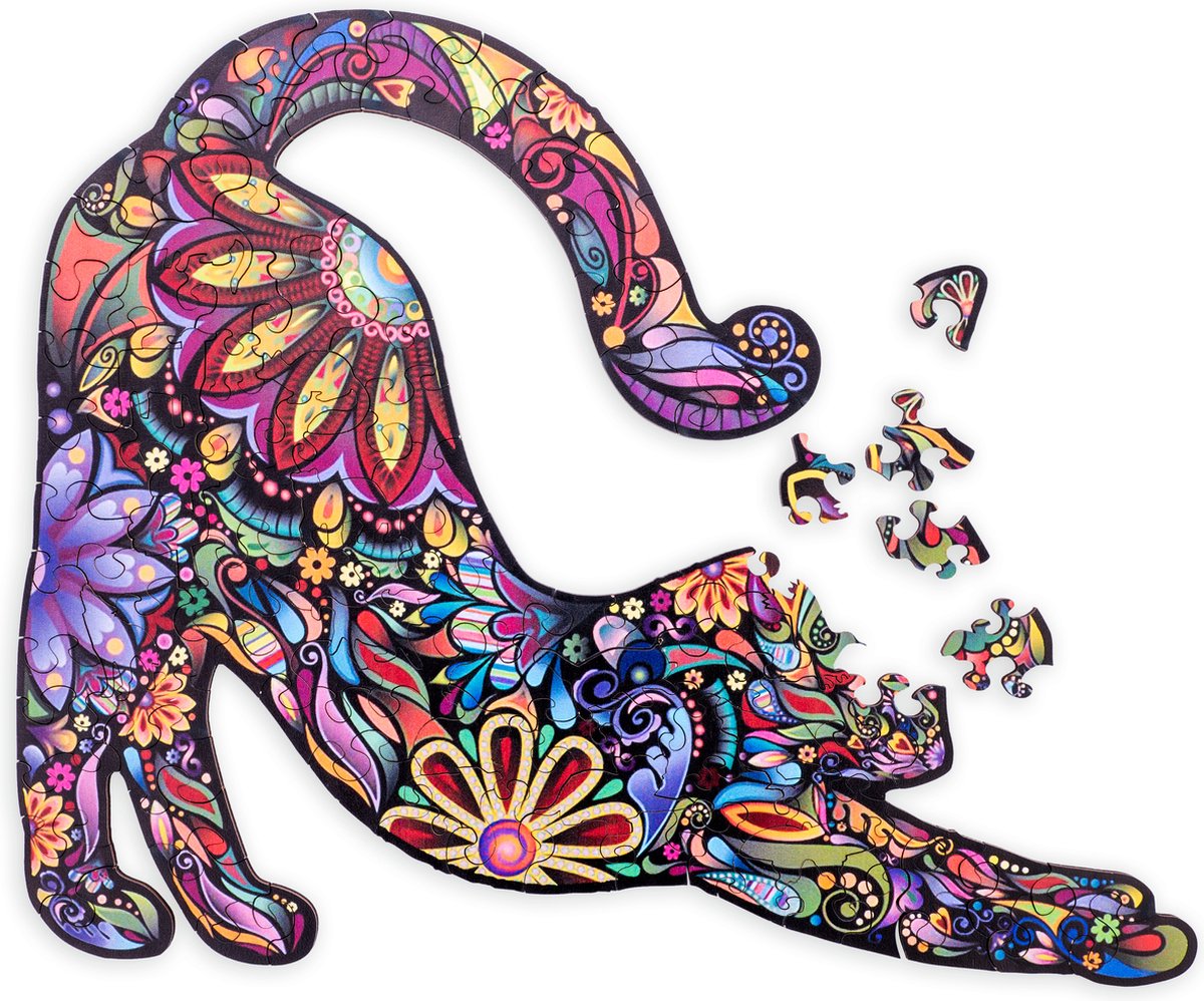 Engelhart houten puzzel kat – 59 unieke puzzelstukjes – a4 formaat houten legpuzzel – dieren puzzelspel – compact denkspel – inclusief opbergetui –