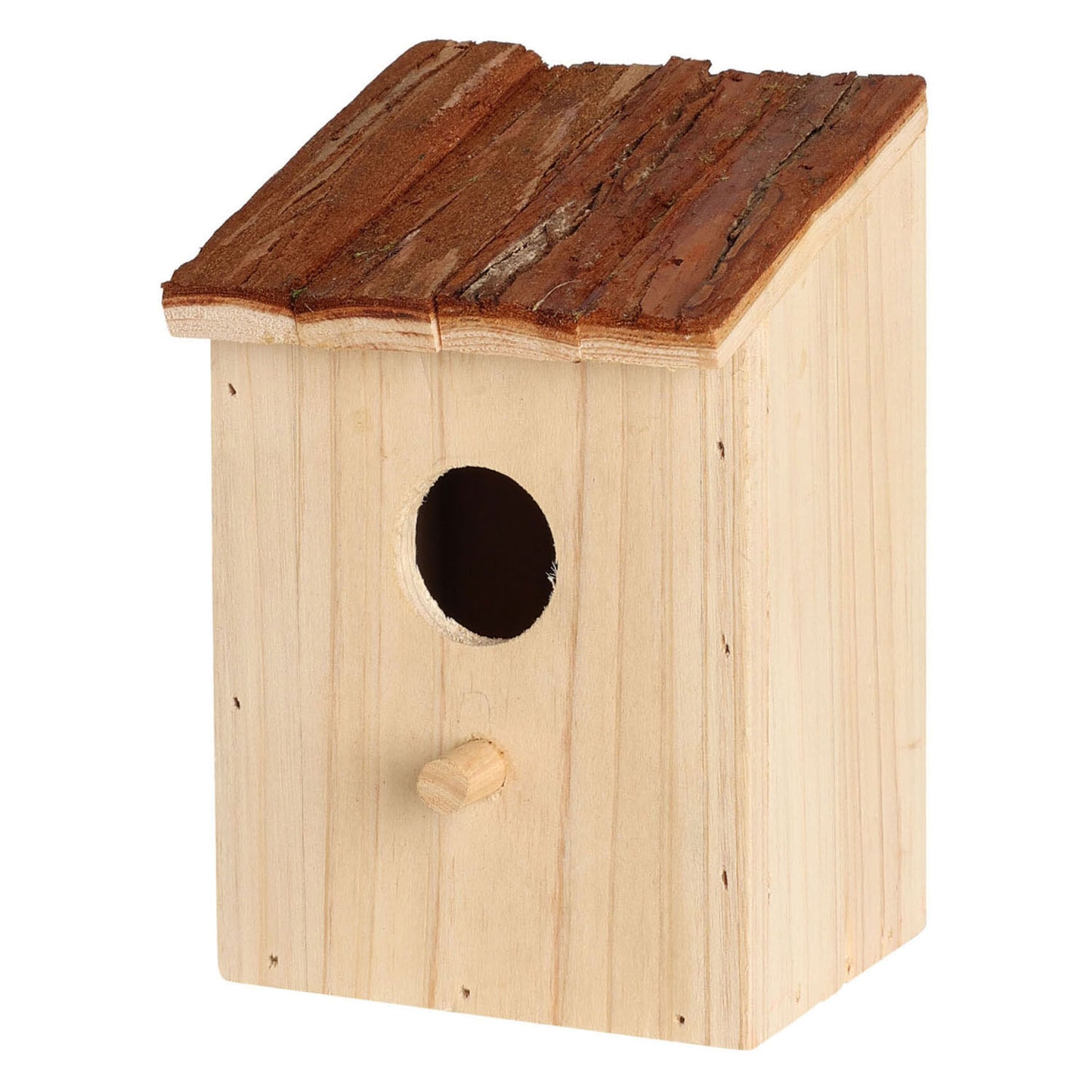 Casa de pájaros de madera con techo marrón