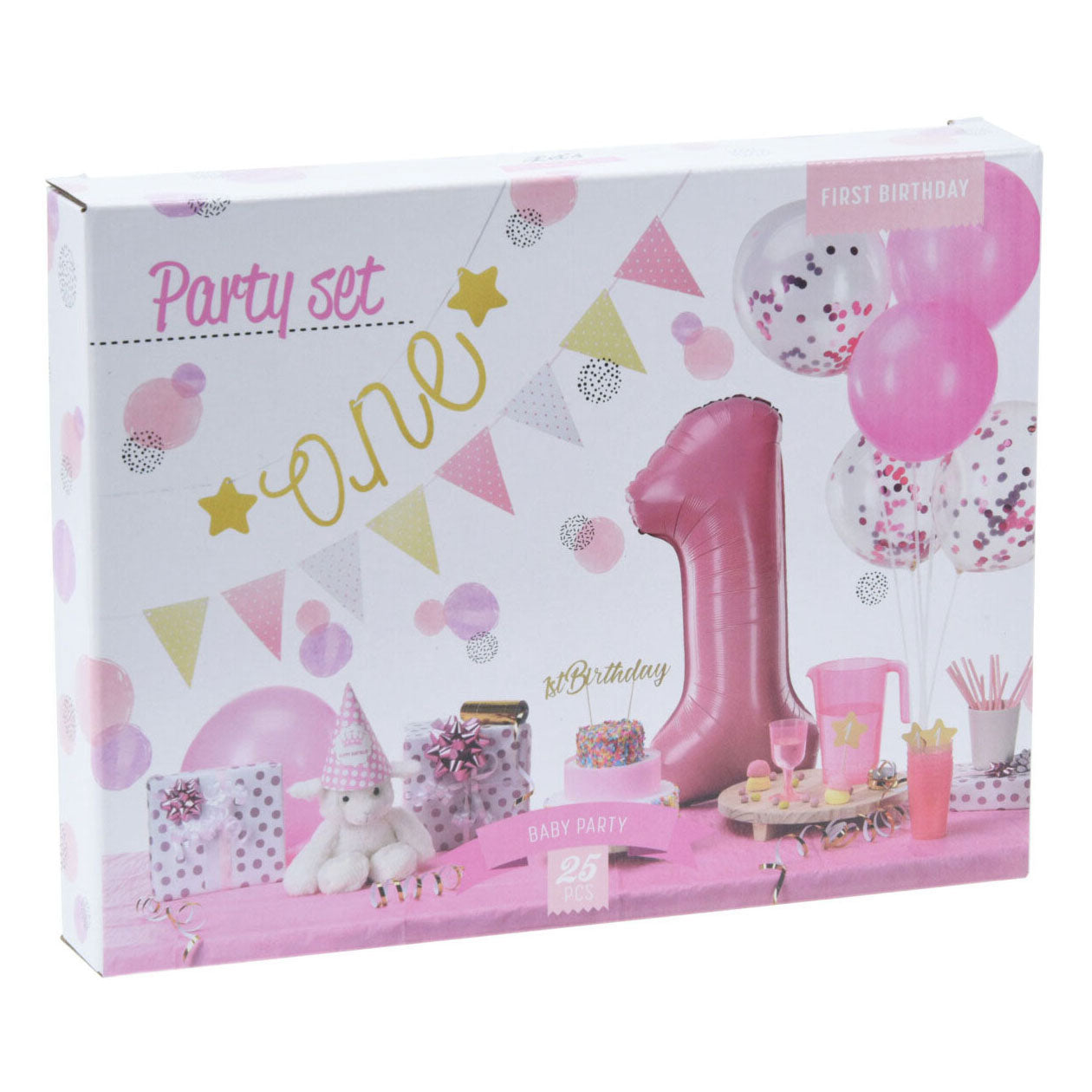 Decorazione per feste set 1a compleanno rosa ragazza, 9dlg.