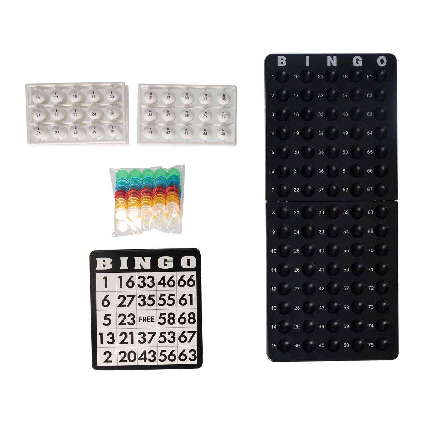 Bobina da bingo nera con tabellone da gioco, carte da bingo e fiches