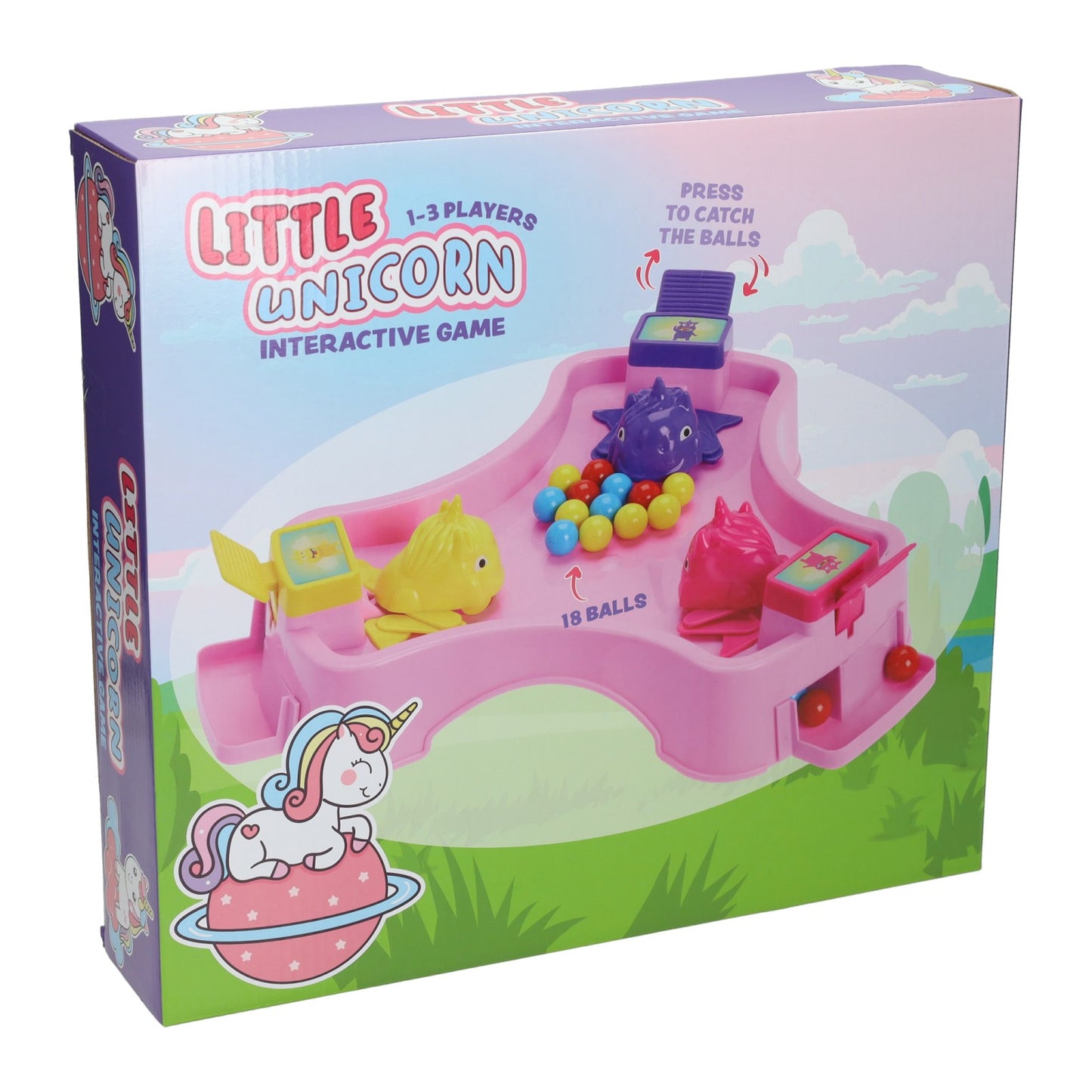 Juego de atrapar unicornios con 3 unicornios y 24 bolas.