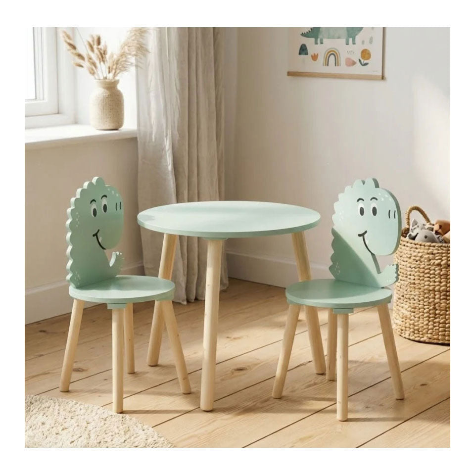 Conjunto de mesa de madera con 2 sillas dinosaurio - azul