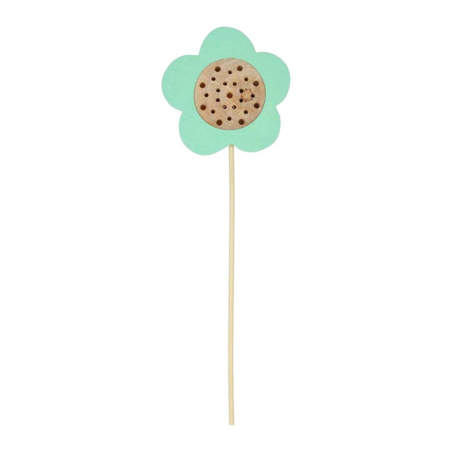 Hotel de abejas de madera en un pincho con forma de flor.