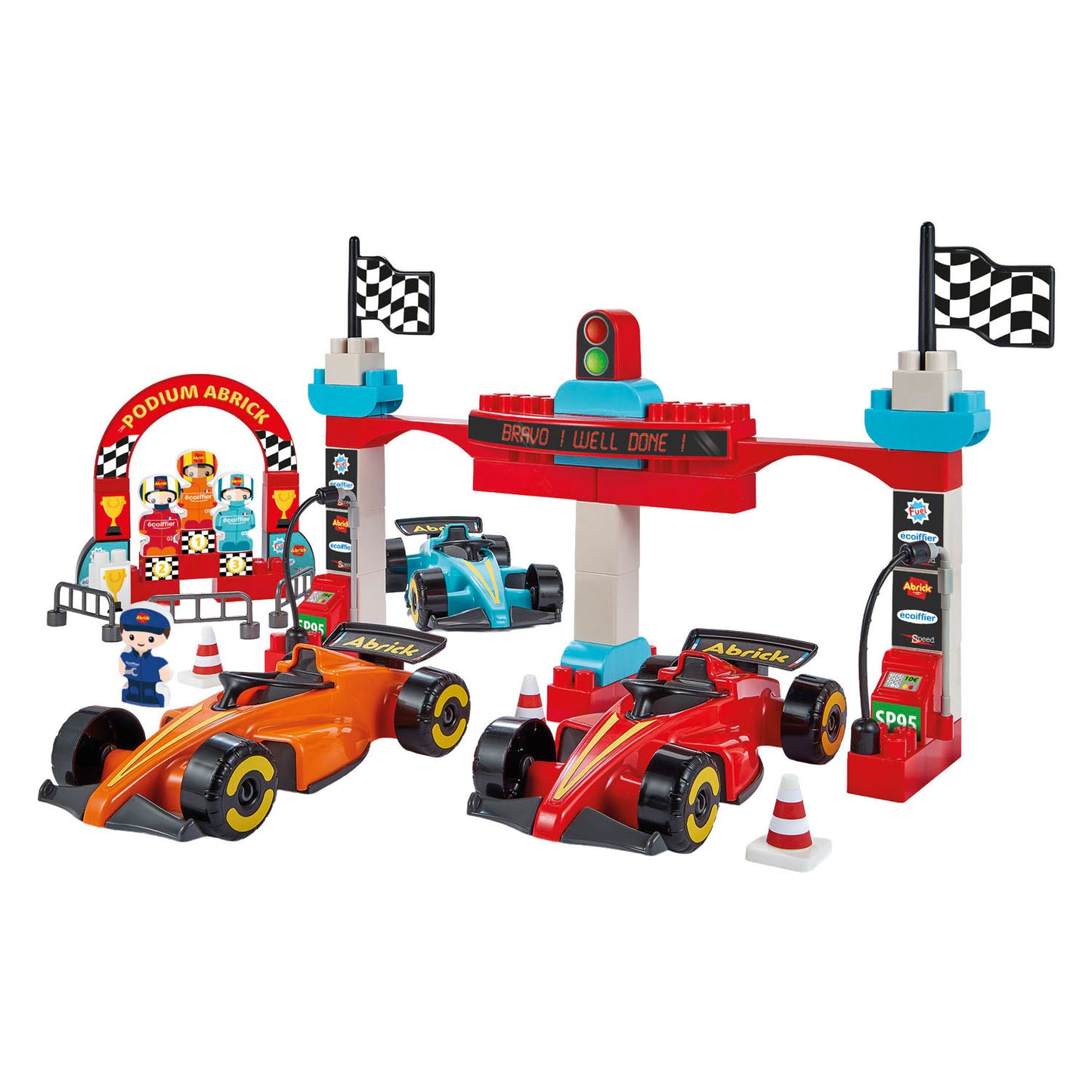 Ecoiffier abrick bouwblokken formule 1 grand prix met 3 voertuigen