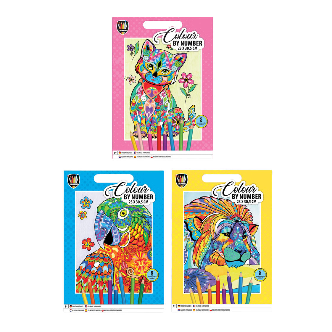 Gruppo creativo di lavoretti colora per numero animale con 8 matite colorate
