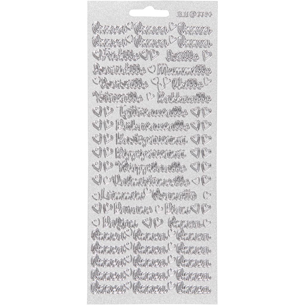 Adesivi aziendali Creativ, onnea aiutille, foglio 10x23 cm, argento, 1 foglio