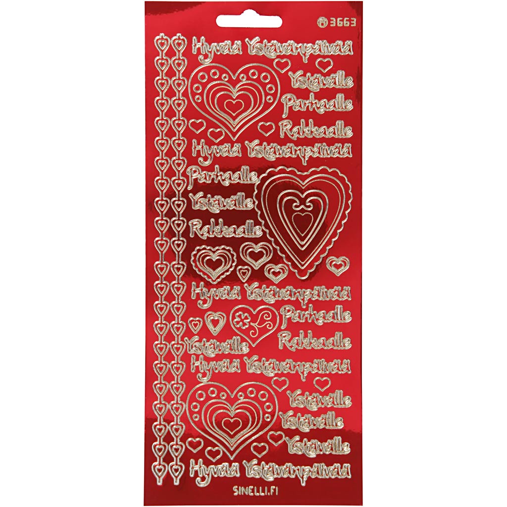 Pegatinas Creativ Company, hyvaa ystävänpäivää, hoja 10x23 cm, dorado, rojo transparente, 1 hoja