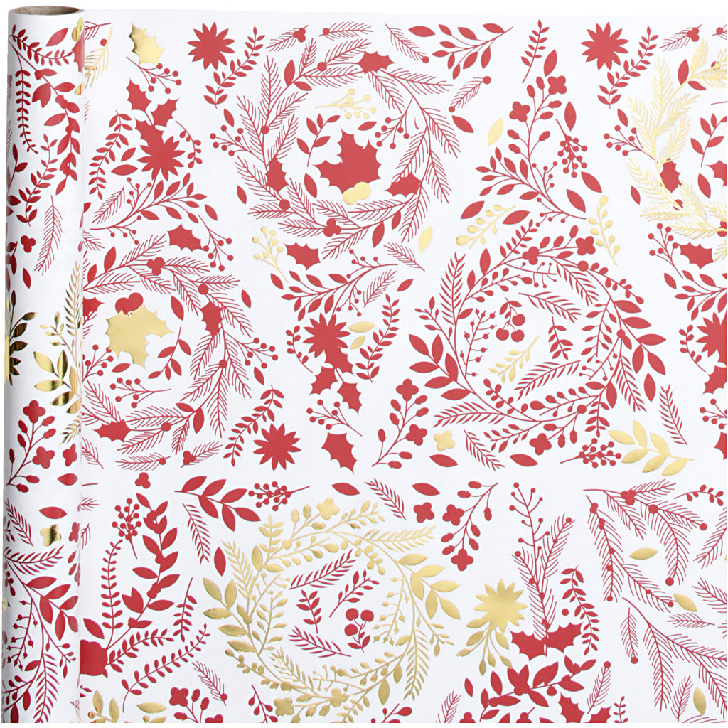 Papel de regalo Creativ company, árboles de Navidad, A: 50 cm, 80 gr, dorado, rojo, blanco, 3 m 1 rollo