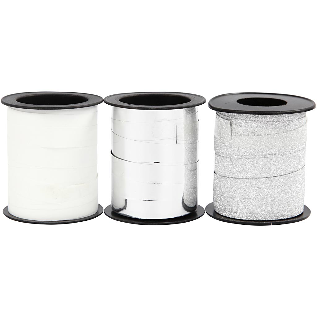 Cinta regalo empresa Creativ, A: 10 mm, plata, plata brillante, blanco, 3x15 m 1 caja