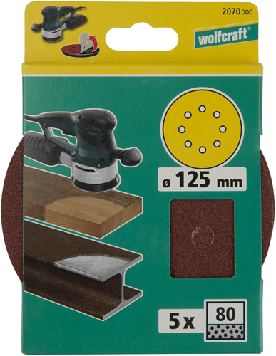 Discos de lijado adhesivos Wolfcraft | corindón | k80 | perforado | ø125mm | 5 piezas - 2070000