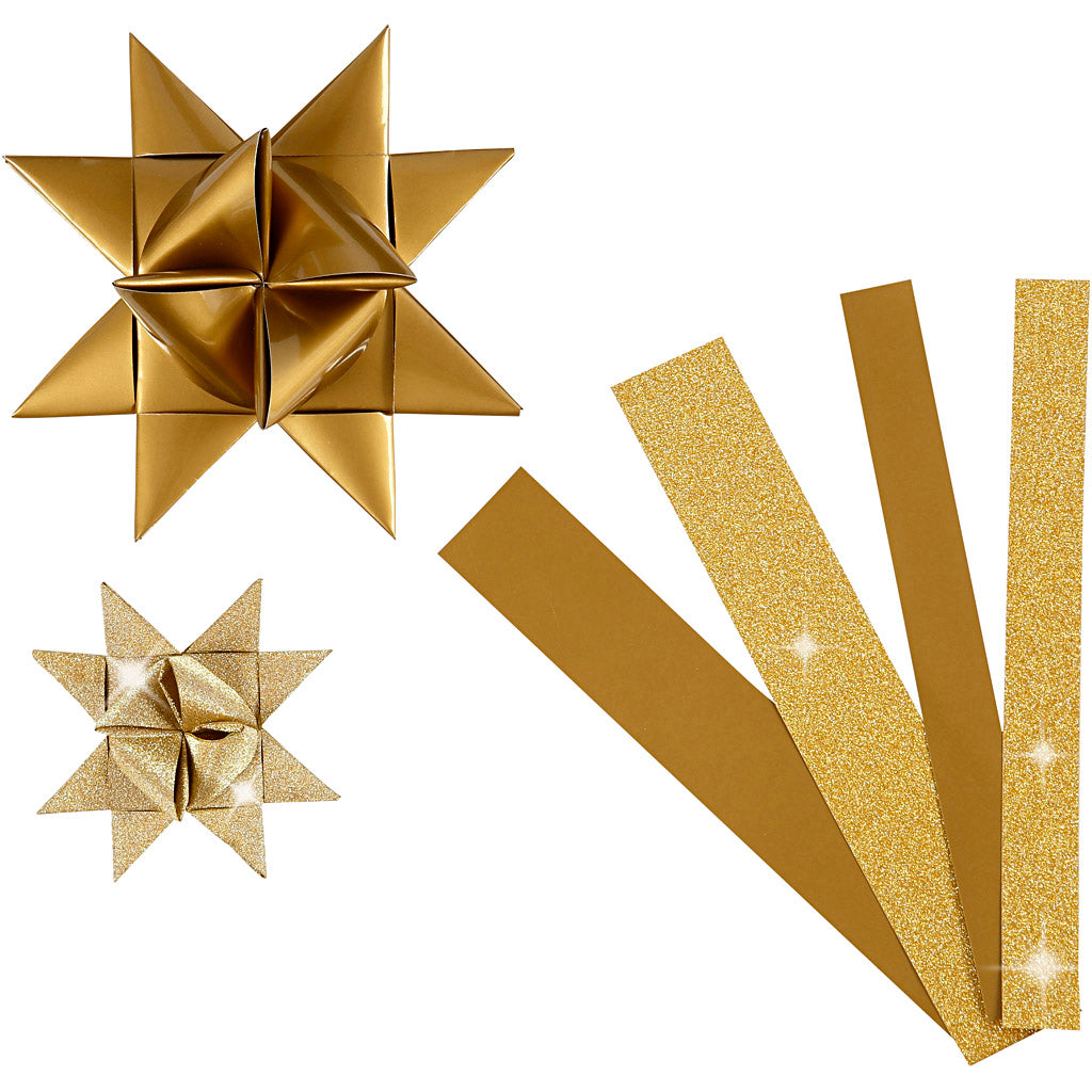 Vivi gade tiras de papel para trenzar, l. 44+78 cm, a: 15+25 mm, p 6,5+11,5 cm, purpurina, barniz, dorado, 40 tiras 1 caja