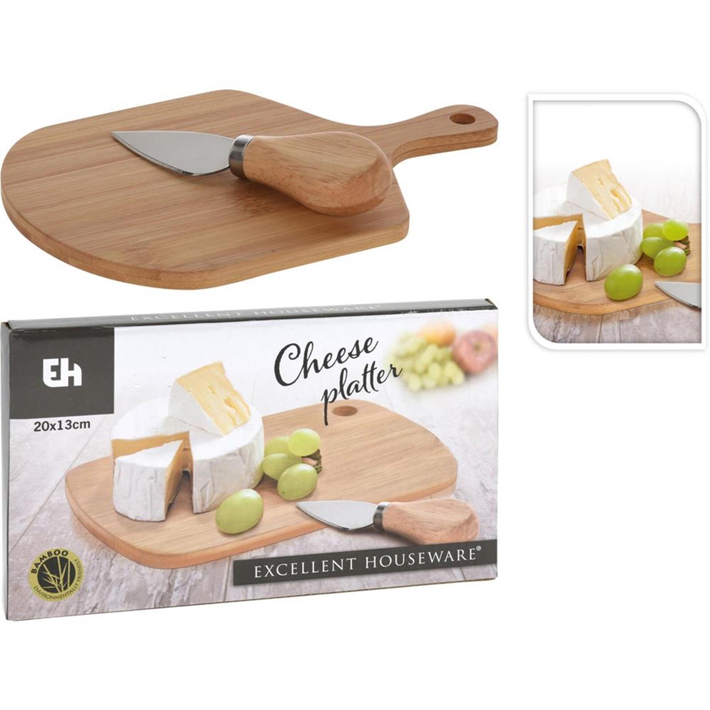 Excelente tabla de quesos para el hogar, bambú, 20x13cm, con cuchillo para queso