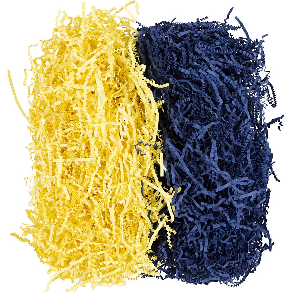 Creativ company papel arrugado, l: 25-30 cm, ancho: 3 mm, azul oscuro, amarillo, 2x50 g 1 caja