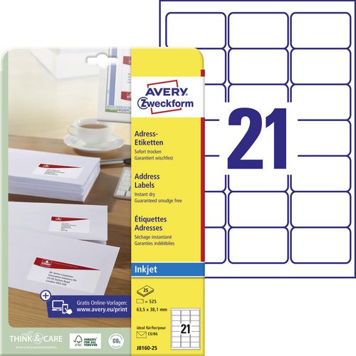 Etichette a getto d'inchiostro Quickdry Avery J8160-25 63,5x38,1 mm