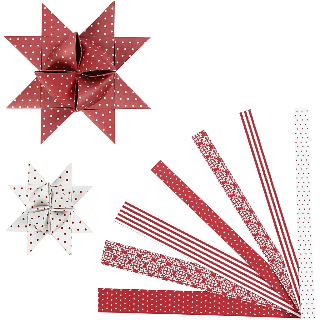 Strisce per intrecciare carta Vivi gade, l: 44+78 cm, l: 15+25 mm, d 6,5+11,5 cm, rosso, bianco, 60 strisce 1 scatola