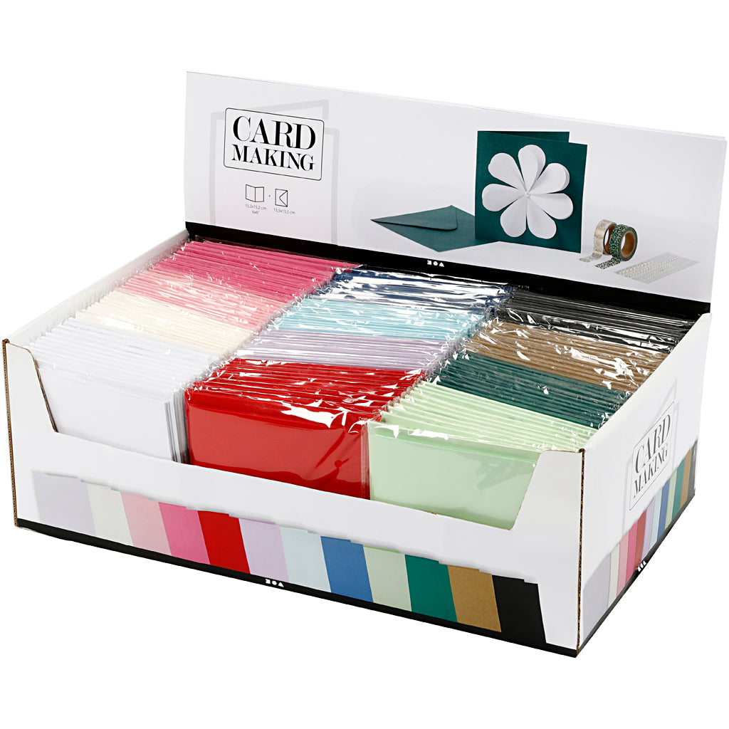 Tarjetas y sobres de empresa Creativ, tamaño tarjeta 15,2x15,2 cm, tamaño sobre 16x16 cm, 230 gr, varios colores, caja 12x10 1 caja