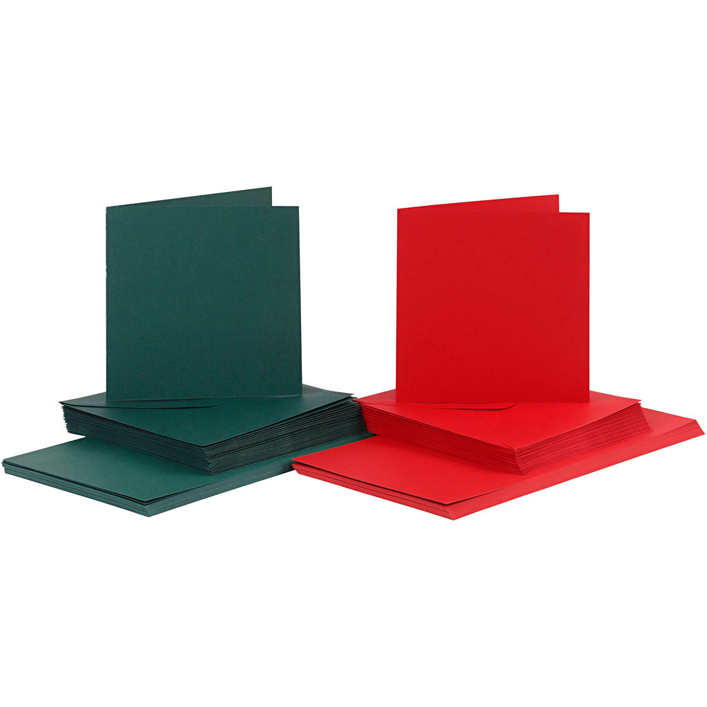 Tarjetas y sobres de empresa Creativ, tamaño tarjeta 15x15 cm, tamaño sobre 16x16 cm, 110+230 gr, verde, rojo, 50 set 1 caja
