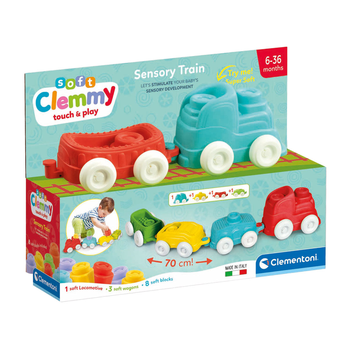 Clementoni Baby - Clemmy Sensory Train con bloques suaves, 12dlg.