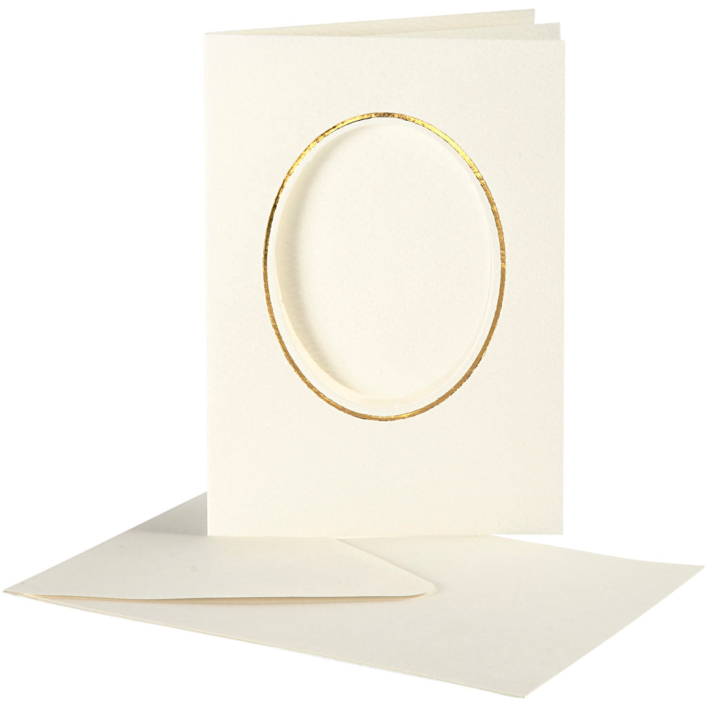 Tarjetas passepartout de Creativ Company, ovaladas con borde dorado, tamaño tarjeta 10,5x15 cm, tamaño sobre 11,5x16,5 cm, blanquecino, 10 juegos 1 caja