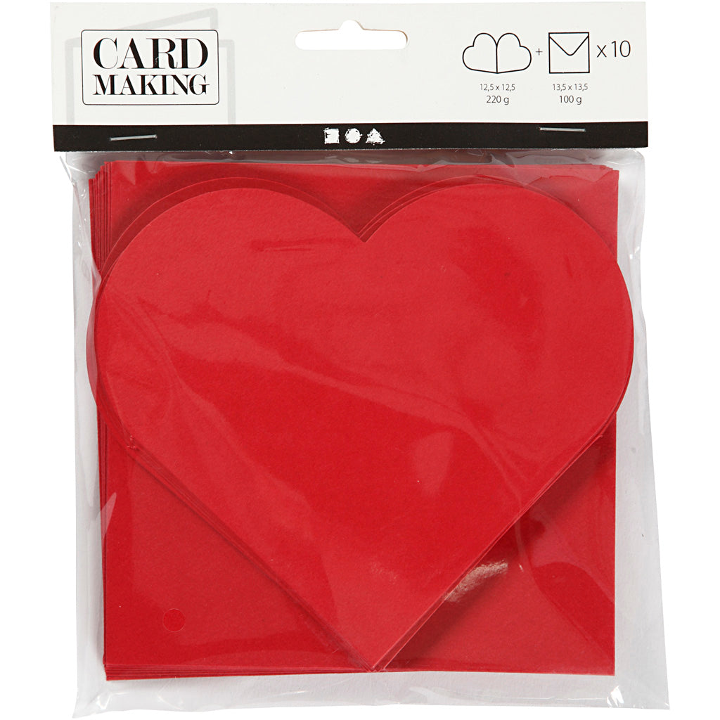 Tarjetas con forma de corazón de Creativ Company, tamaño tarjeta 12,5x12,5 cm, tamaño sobre 13,5x13,5 cm, rojo, 10 juegos 1 caja