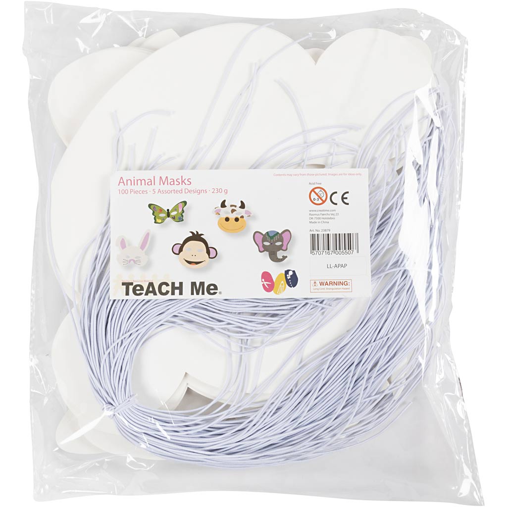 Creative Company Animal Masks, H: 13-24 cm, B: 20-28 cm, 230 Gr, bianco, 100 pezzi 1 scatola