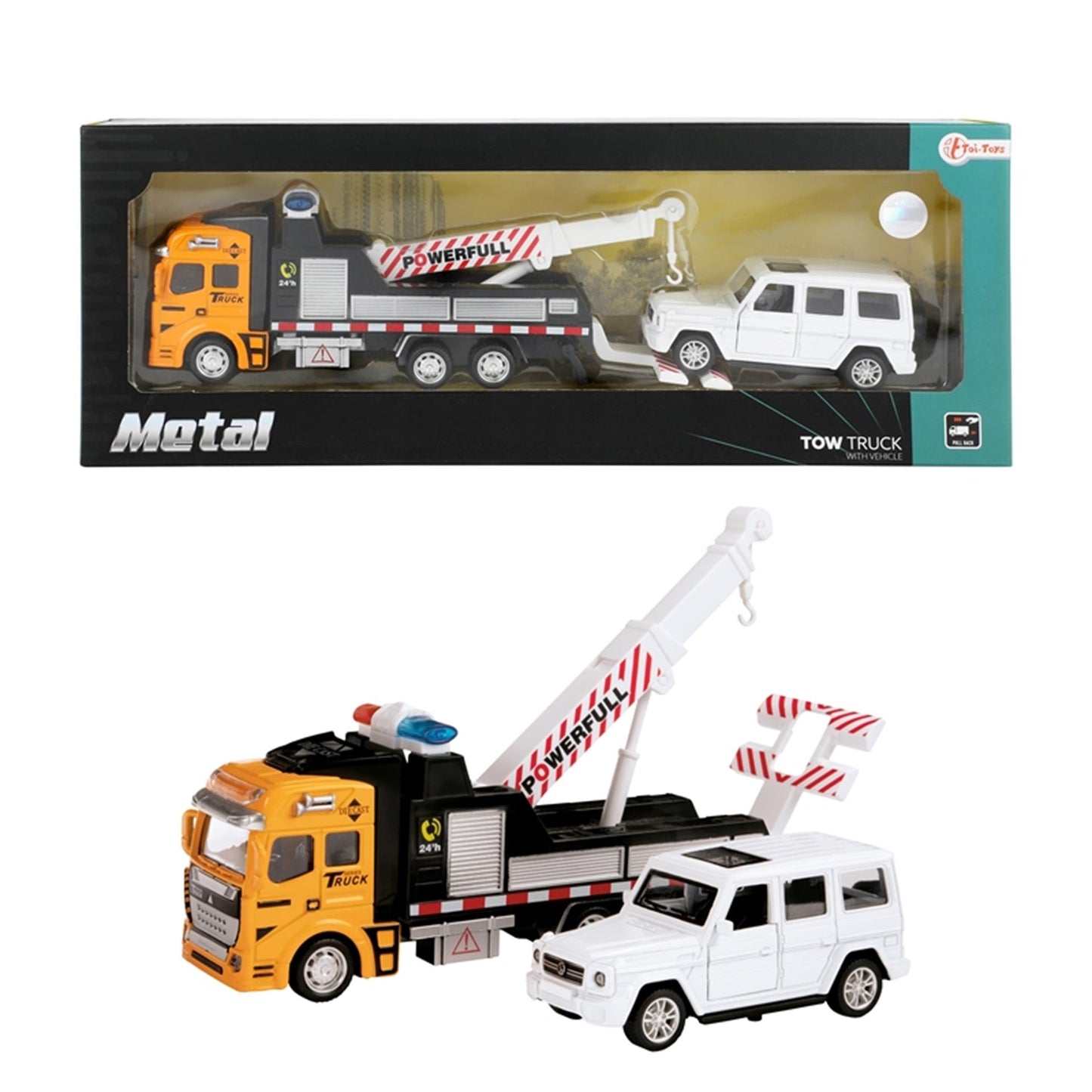Truck di rimorchio in metallo con paranco + auto 4x4 pull-back